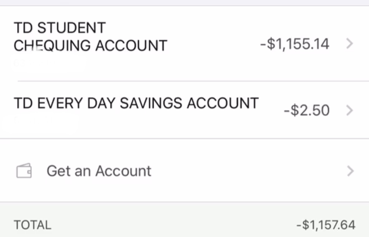TD Bank screenshot showing negative balance